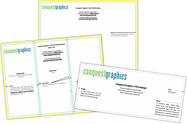 Download PDF and InDesign files of templates of Conquest Graphics products.
