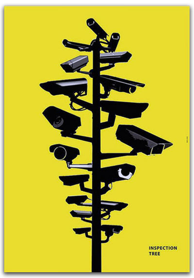 Poster featuring an outline of a pole covered in security cameras that illustrates a good conceptual usage of lines.