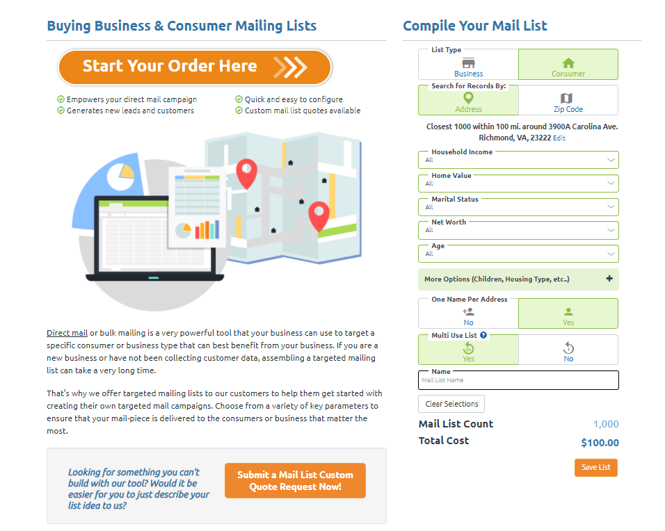 Conquest Graphics' Mail List Tool is the best direct mailing list service.