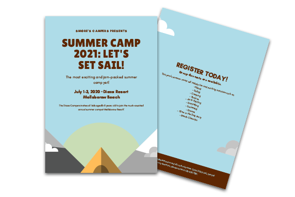Flyers for camps, campgrounds, and RV parks.